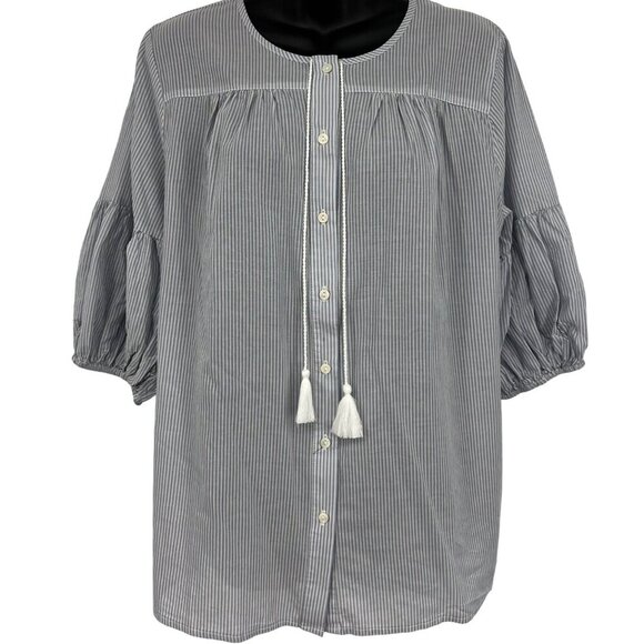 NYDJ Womens Medium Short Sleeve Boho Blouse Simon Stripe Cotton Button-Front New - Picture 1 of 9